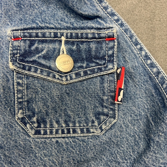 Mickey Mouse Denim Overall Bib Shorts Sz L USA Theme Blue Big Mickey Graphic - Picture 2 of 16